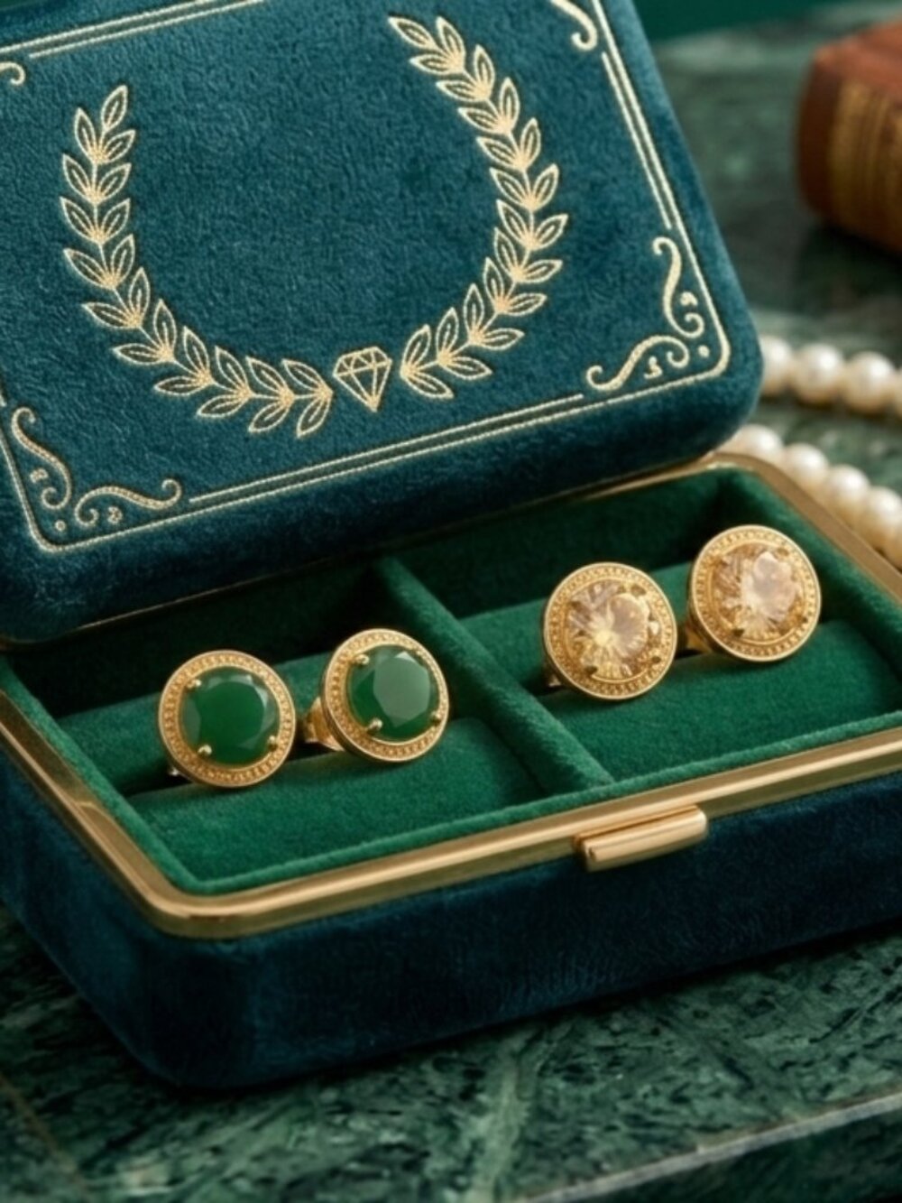Bundle Set: Elegant Gold Halo Stud Earrings Duo - Emerald & Champagne